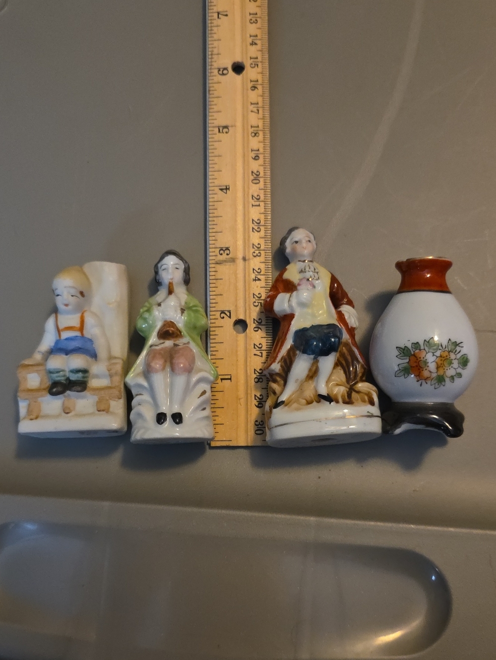 Porcelain Figurine and Mini Vase Set in White, Green, Brown (2-occupied Japan)